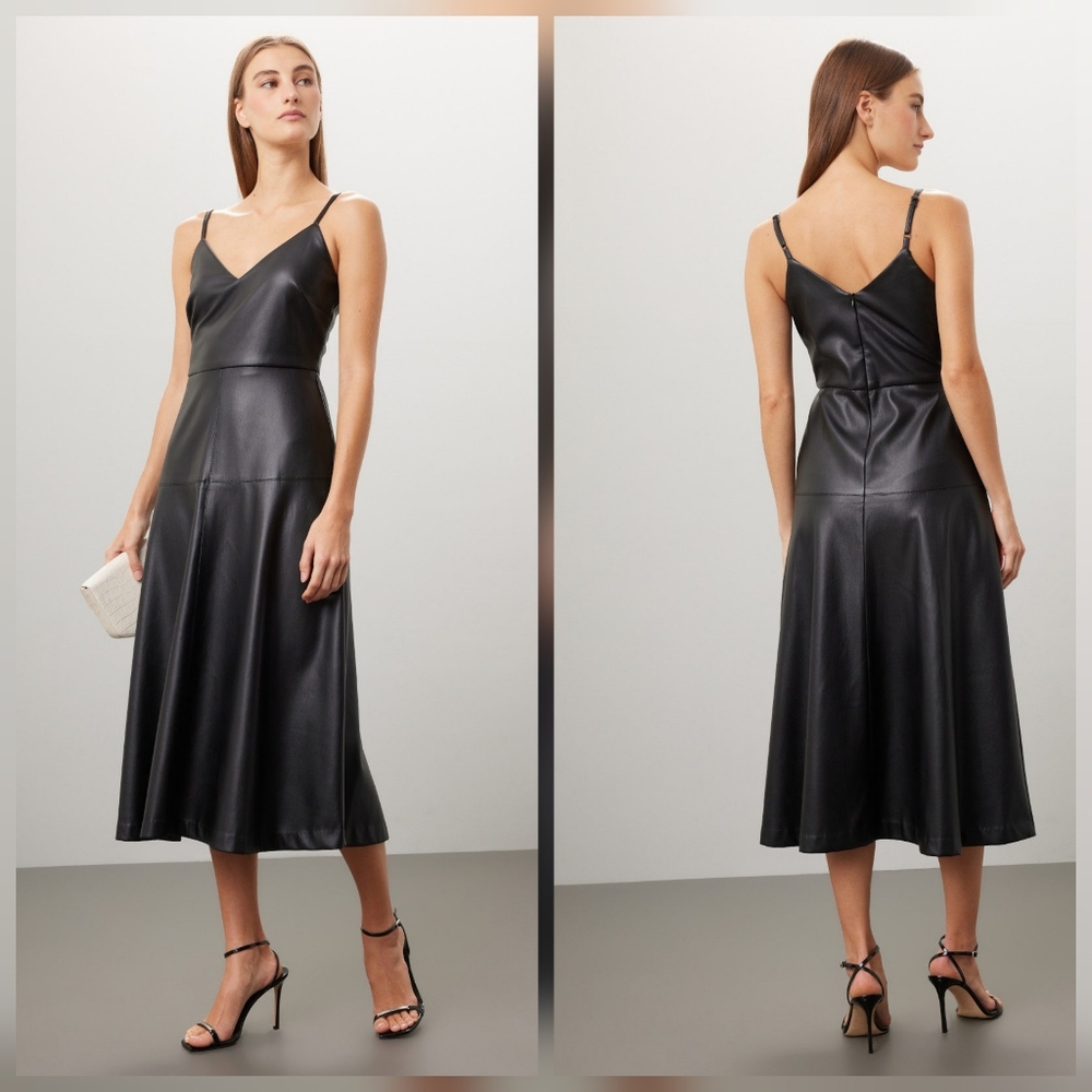 Fifteen Twenty Faux Leather Midi Dress A-line Sleeveless V-neck Back Zip Size XS